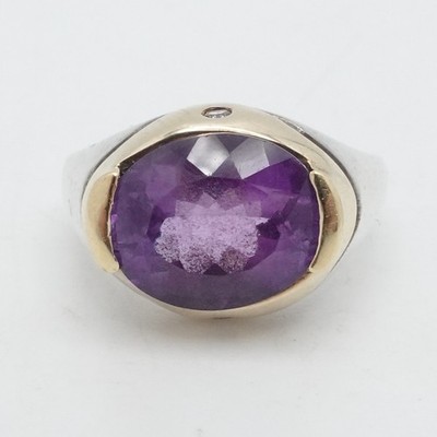 M signierter Ring Sterlingsilber 18 K Gold zweifarbig lila Stein Diamant Größe 5,25