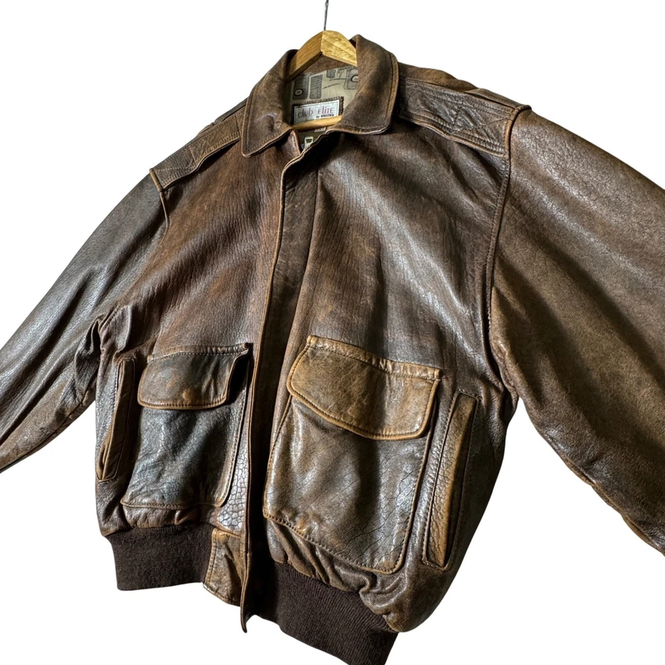 Vintage Club Elite Brooks Distressed Leather Bomber Jacket Size Medium 1990's - Image 2 of 4