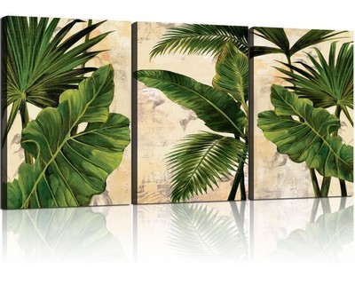 3pcs Framed Palm Leaves Banana Leaf Tropical Plants Wall Art Decor Canvas Pri...