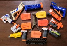 18 Piece Nerf Gun LOT 2004- PRESENT LED Sights, Mods, Clips , Mags And More USED