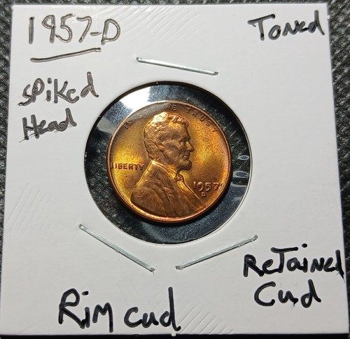 1957-D Lincoln Wheat Cent With A Rim Cud, Retained Cud, Die Chip, Die Clash - Picture 11 of 12