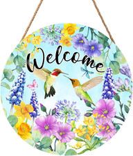 Welcome Spring Hummingbird Front Door Sign Decor 12"x12" Spring Floral Flowers W