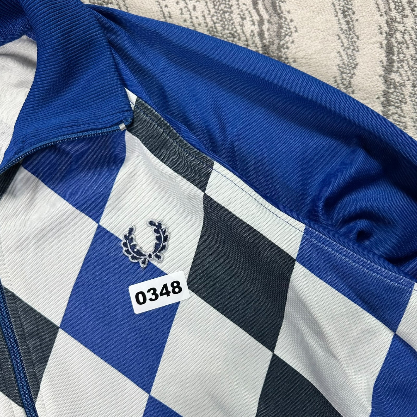 VTG Fred Perry 90s Argyle Diamond Oversized Medium Blue Funnel Neck Track Jacket image 2