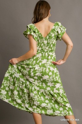 Umgee Green Tea Floral Print Tiered Midi Dress with Smocking & Flutter Sleeeves | eBay Umgee Green Tea Floral Print Tiered Midi Dress with Smocking & Flutter Sleeeves | eBay
