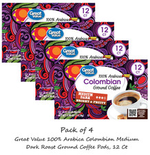 4x Great Value 100 Arabica Colombian Medium Dark Roast Ground Coffee Pods 12 Ct