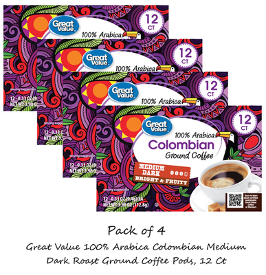 #ad 4x Great Value 100% Arabica Colombian Medium Dark Roast Ground Coffee Pods 12 Ct $14.99