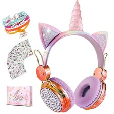Kids Cat Ear Wireless Bluetooth Headphones with Mic, FM, LED - Volume Limited