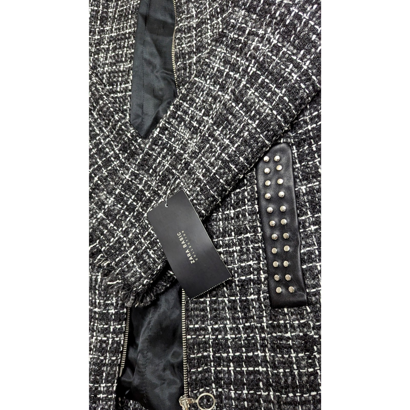 ZARA Studded Faux Leather Frayed Tweed Jacket Women's Size XS