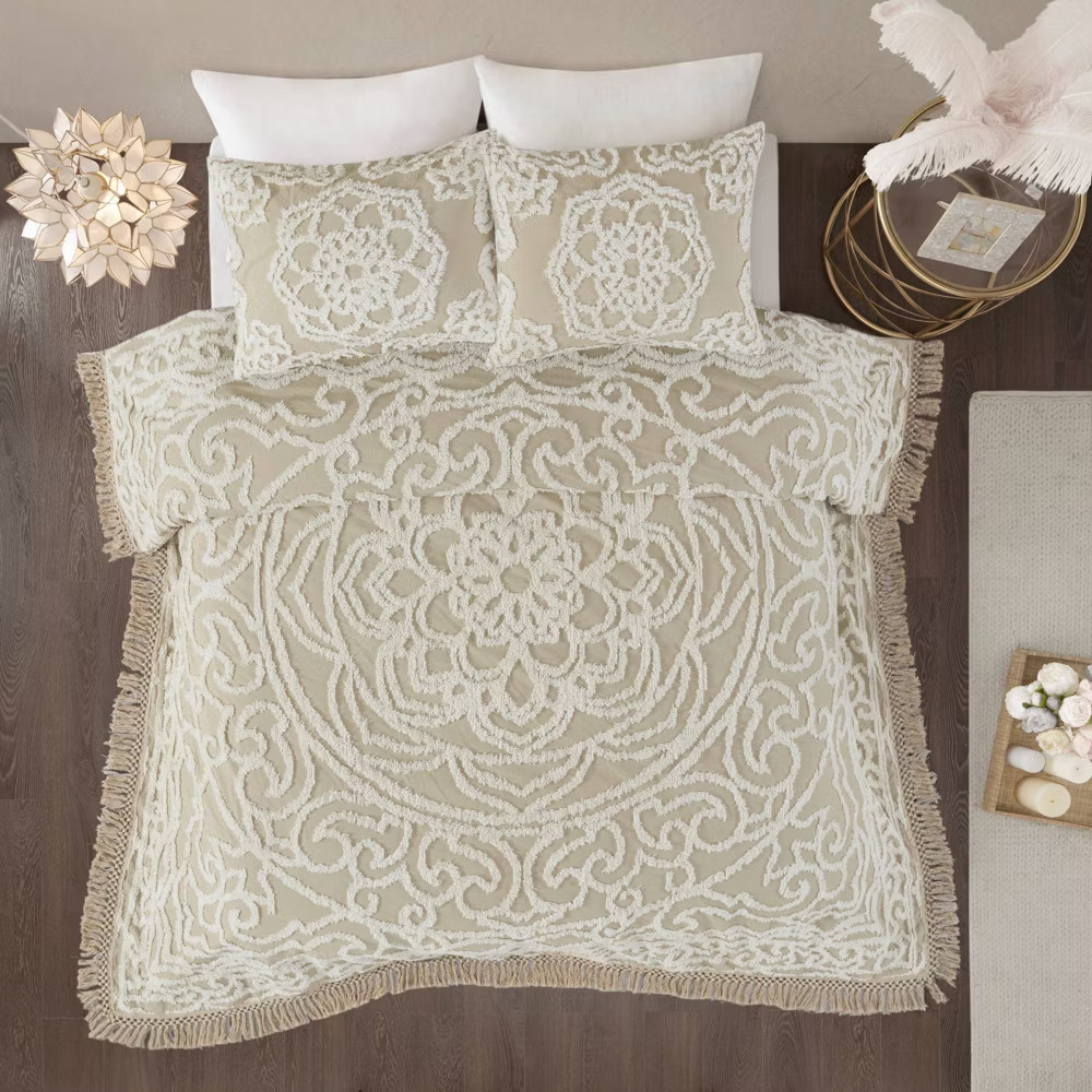 Full/Queen 3pc Cecily Tufted Cotton Coverlet Set Taupe