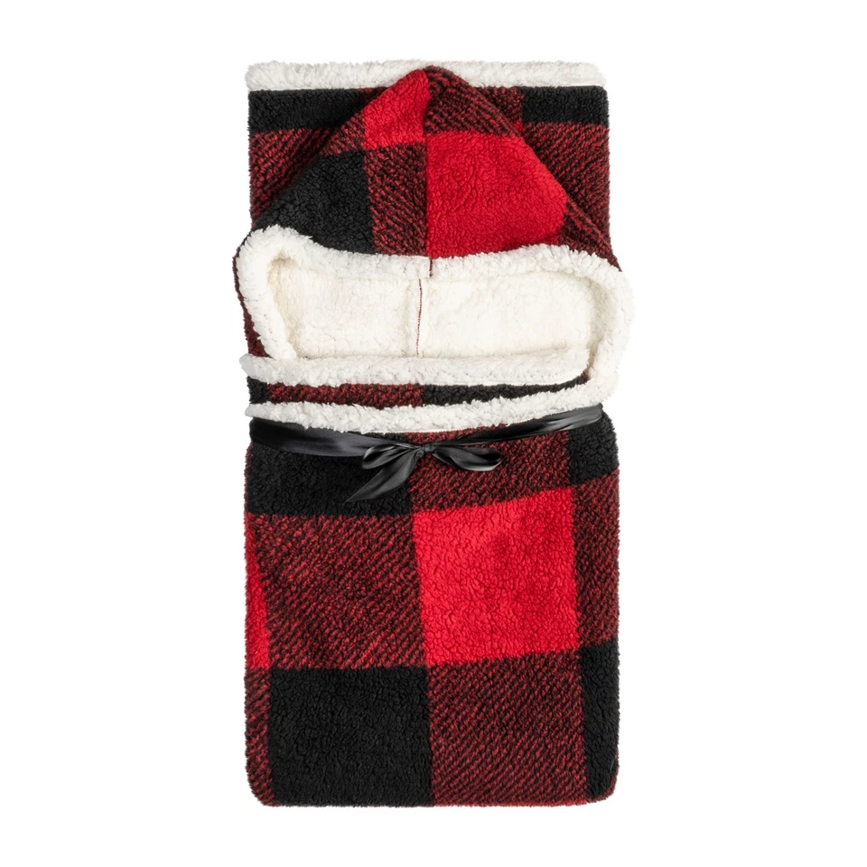 Hooded throw wearable blanket red buffalo plaid reversible sherpa - Image 3 of 3