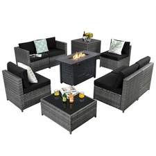 9 PCS Wicker Sofa Rattan Dinning Set w/ Propane Gas Fire Pit  60,000 Btu Heater