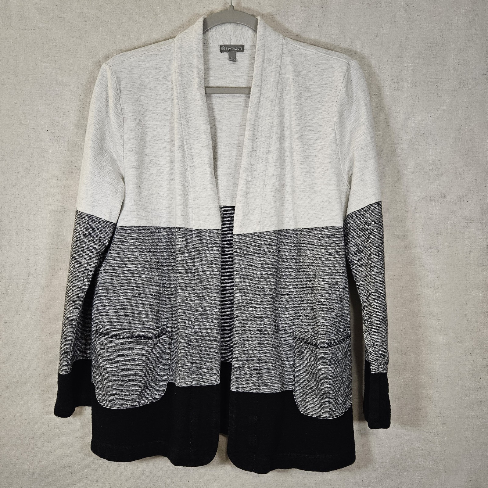 Talbots Womens Open Front Cardigan  Long Sleeve Gray Color Block Large Petite