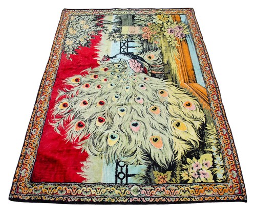 Peacock Pattern Vintage Wall Rug Rayon Tapestry 47" x 71" Vintage Wall hanging - Picture 5 of 20