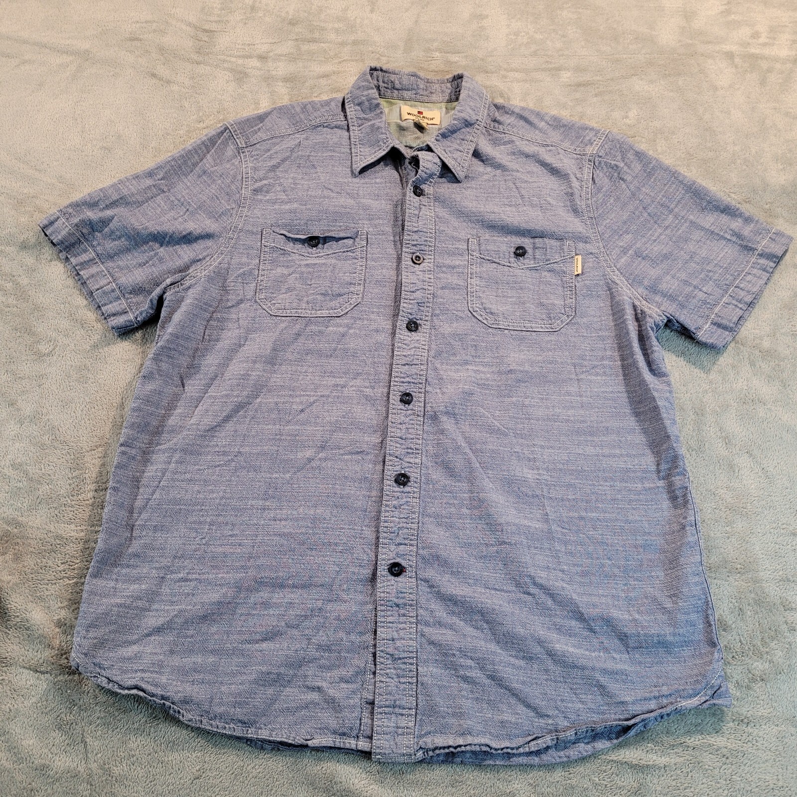 Woolrich Shirt Mens Size Large Short Sleeve Button Up Blue Pockets
