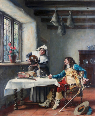 Frank Moss Bennett Interior Scene Maid Cavalier Seated Table 1914 Print 17''x22''