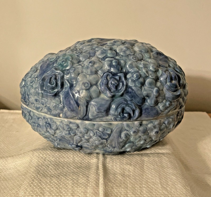 Vintage Large Ceramic Easter Egg Covered Bowl / Trinket Box Blue Raised Floral