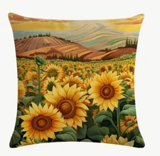 Sunflower Tuscany Valley Sunset Linen Throw Pillow Cover Holiday Home Decor 18”
