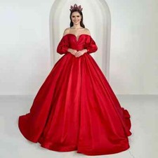 Red Corset Wedding Dresses Sweetheart Puff Sleeves Pleat Ball Satin Bridal Gowns