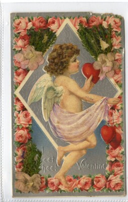 (Gd1022) Valentinskarte, Engel Cherub, Liebe Herzen, Blumen um 1910
