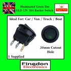 12V 20A Round Rocker Switch Green Dot illuminated Black Car Van Dash Boat ON/OFF