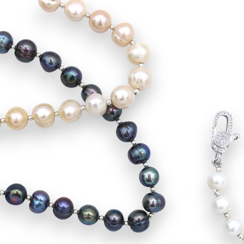 Collana di Perle Scaramazze Bianche, Rosa e Grigie, L 58 + 28 cm ca. Lunghezza r - Foto 5 di 9
