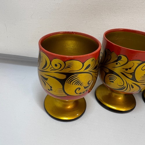 Juego de 6 tazas de madera lacada de arte popular ruso Khokhloma pintadas a mano - Imagen 8 de 11