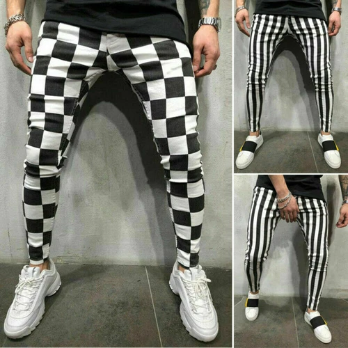 DE uomo a righe a quadri nero bianco pantaloni estivi slim tempo libero comodi pantaloni @ - Foto 2 di 15