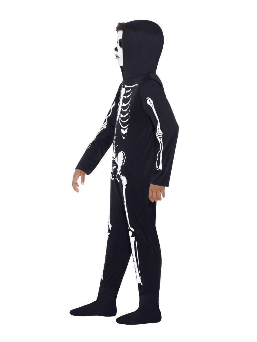PartyXPeople Skelett Kinder Kostüm – Overall Mit Haube, Größe 116, Schwarz Mit Weißen Knochen, Für Halloween