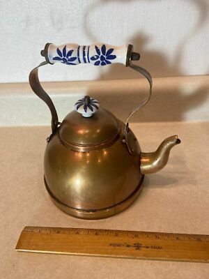 Copper Tea Kettle Teapot w/ Blue and white ceramic handle & knob