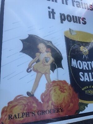 Metal Sign, Morton Salt “When it rains it pours” 12.5 inches by 13.5 inches