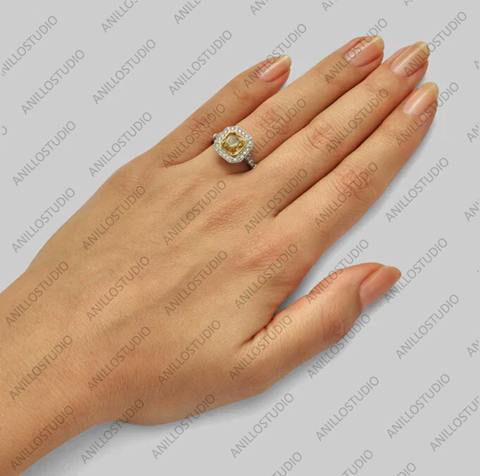 Anillo de compromiso de plata de ley 925 con halo de diamantes y zafiros amarillos corte Asscher Foto 3 de 4