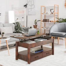 2 Drawer Lift Top Coffee Table with Hidden Compartment & Storage Shelves Rustic