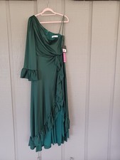 Ieena Mac Duggal Long One Sleeve Asymmetrical Ruffle Hem Gown Size 10 Emerald