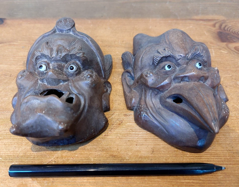 Pair of small Japanese Noh masks, miniature carved demons, gods, ogres - Image 2 of 4