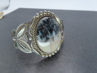 As Is Harvey Era Sterling Silver & Petrified Wood Cuff Bracelet Unsigned 38.8g