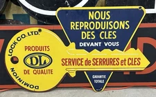 ORIGINAL Vintage DOMINION LOCK CO SIGN Double Sided French? Unique Die Cut OLD