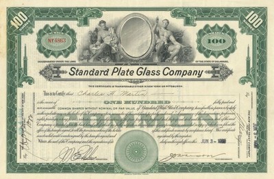 Standard Plate Glass Co. - 1924 or 1927 dated Stock Certificate - General Stoc