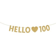 Gold Hello 100 Birthday Banner, Gold Glitter Happy 100th Birthday Party Decor...
