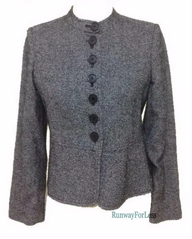 CHAQUETA BLAZER BURBERRY LONDON MUJER GRIS NEGRO TWEED LANA PEPLUM TALLA US 4