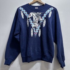 Vintage 90s Jerzees Native American Horse Sweatshirt Womens Small Navy Blue Crew