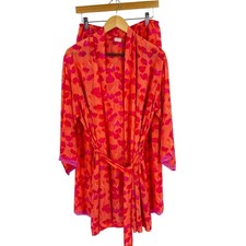 Natori Pajama Set Sheer Orange Pink Floral Poppy Robe  Pants Size S Artistic