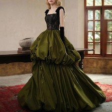 Olive Green Square Neck Lace Corset Ball Gown Voluminous Satin Formal Dress