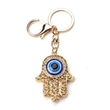 Evil Eye Hamsa Hand Fatima Mati Nazar Protection Blue Gold Key Ring Crystals 