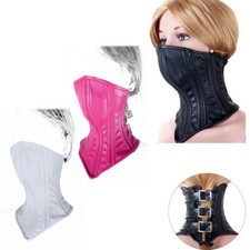 Newest Black Leather Slaves Collar Restraints Sleeve Neck Corset Binding Harness