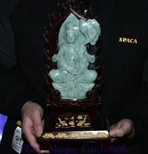 15'' Chinese Natural Emerald Jade Jadeite Lotus Flower Kwan-yin Guan Yin Statue