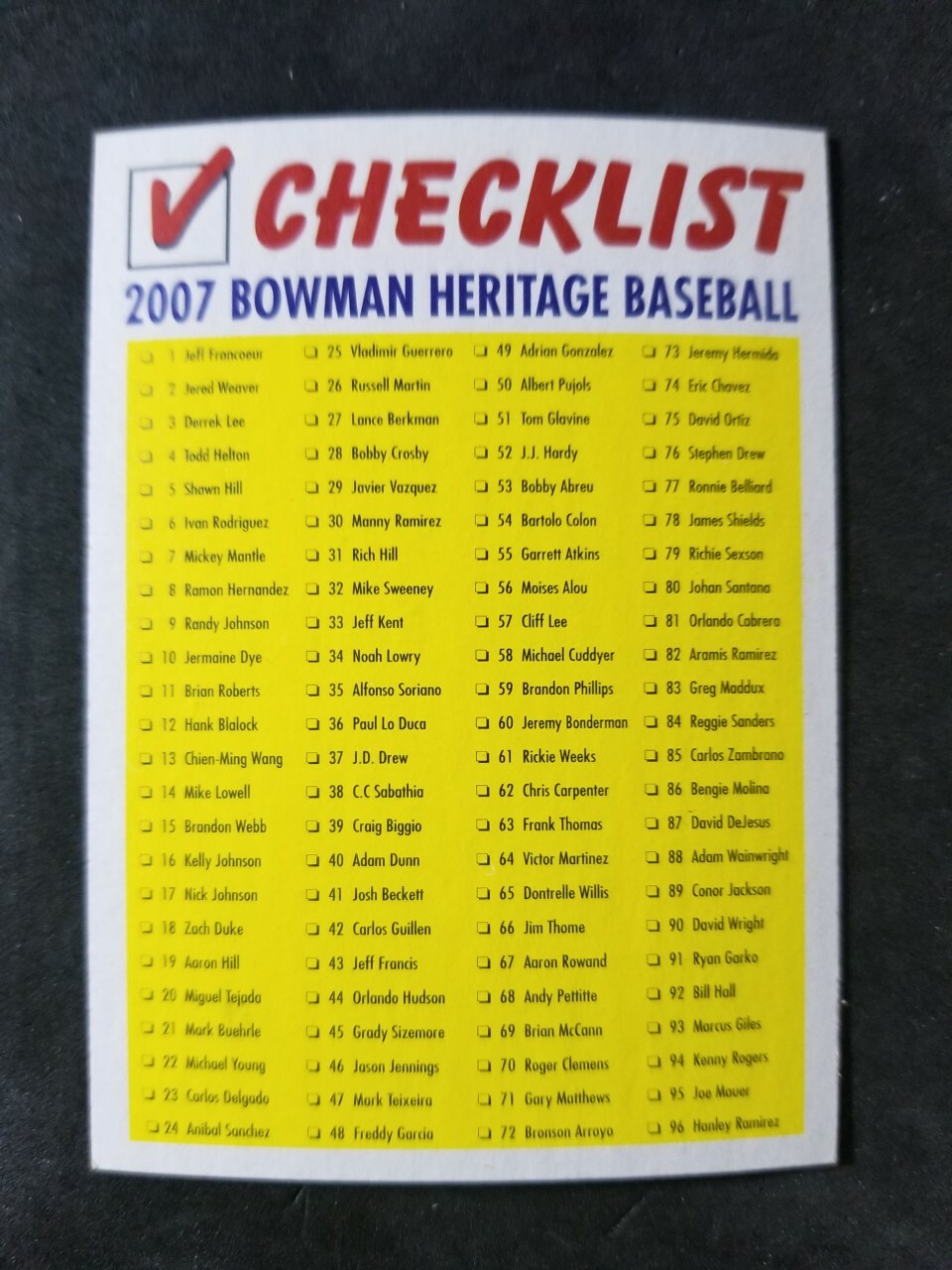 2007 Bowman Heritage CHECKLIST card # 1 of 3