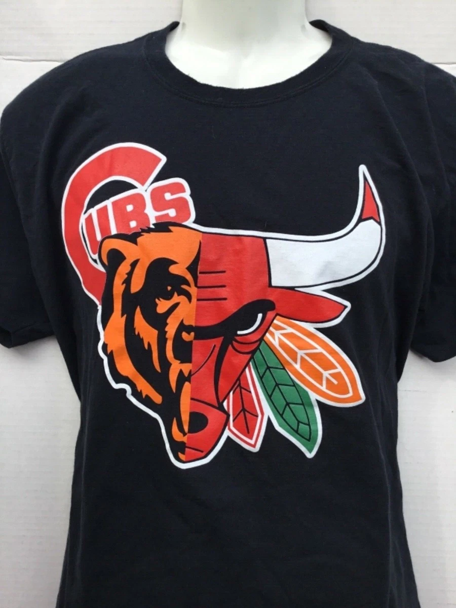 Chicago Cubs Bears Bulls Blackhawks Logos blended Together Men's t  shirt sz XL