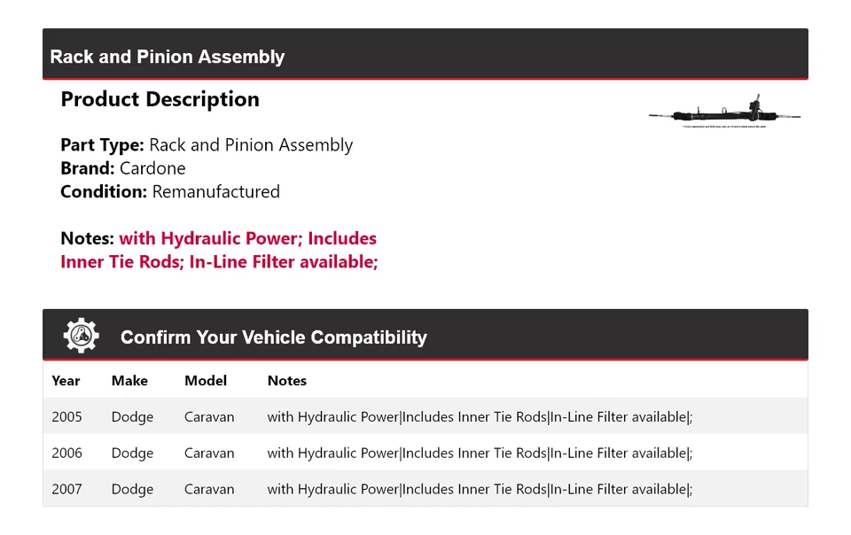Para Dodge Caravan 2005-2007 montaje de piñón y cremallera Cardone 2006 Foto 2 de 4