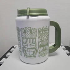 Tiki Jumbo Travel Mug 34 oz Insulated Thermo-Serve White Green  Lid USA Made