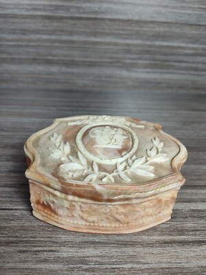 Vintage 50s Genuine Incolay Stone Jewelry Box Orange and white
